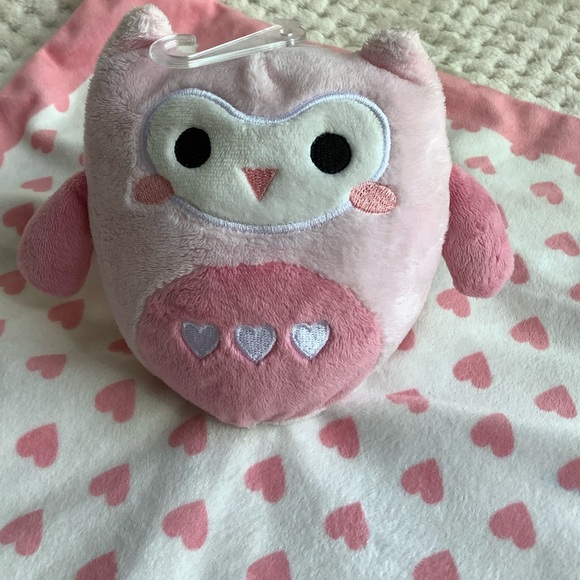 Pearhead Plush Pink White Owl Lovey with Hearts Security Blanket Stuffed Toy - Picture 4 of 15